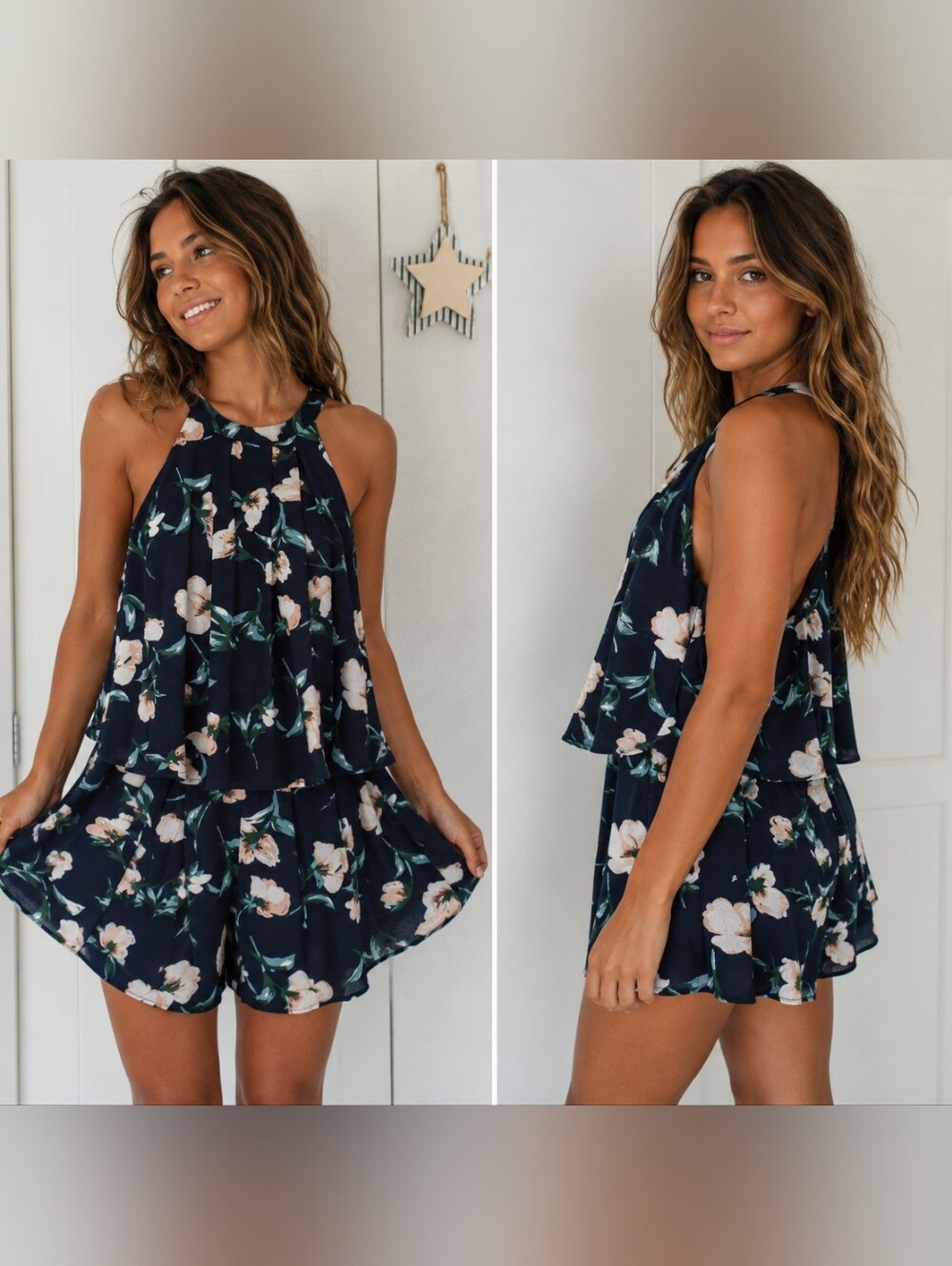 Womens Navy Blue Floral Tiered Halter Boho Shorts Romper Size M